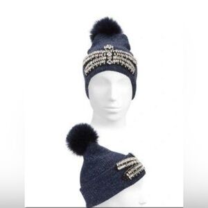NWOT Pello Bello Embellished Gem Pom-pom Beanie In Blue
